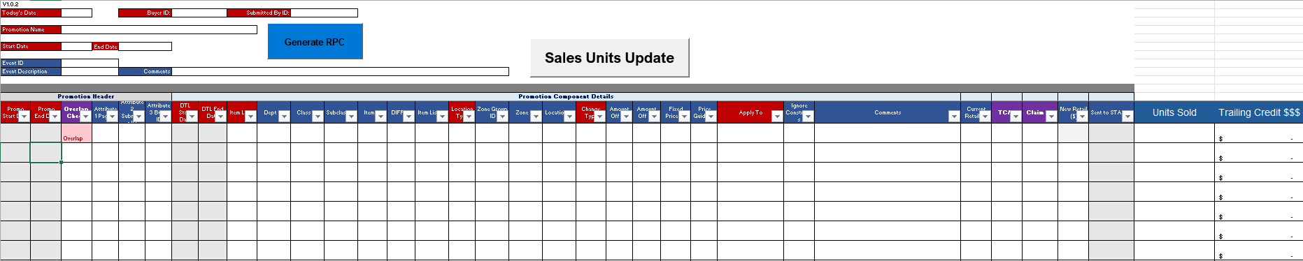 Buyer Promo Tracker brand tab with promotion header fields, Generate RPC and Sales Units Update buttons, and promotion component columns